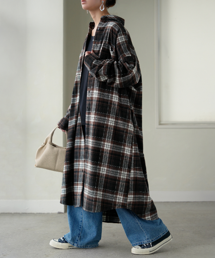 ワンピース シャツ チェック ネルシャル シャツワンピース 綿100 チェックシャツ シャツワンピ レディース ロング ロングワンピース | HUG.U | 03