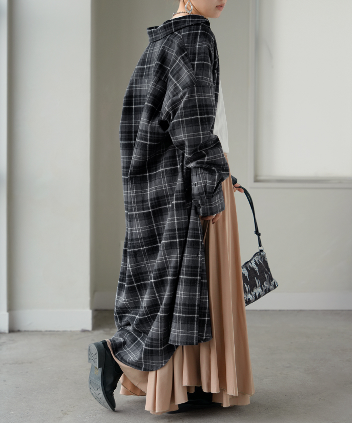 ワンピース シャツ チェック ネルシャル シャツワンピース 綿100 チェックシャツ シャツワンピ レディース ロング ロングワンピース | HUG.U | 04