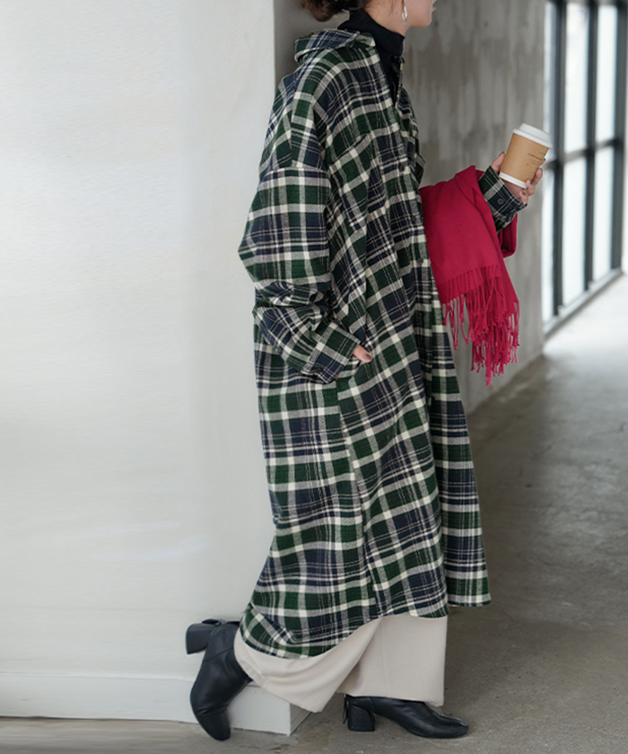 ワンピース シャツ チェック ネルシャル シャツワンピース 綿100 チェックシャツ シャツワンピ レディース ロング ロングワンピース | HUG.U | 02