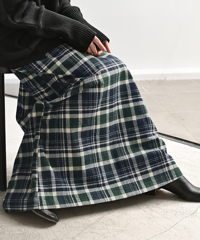 スカート ロング チェック Aライン レディース 綿100 チェックスカート ロングスカート ボトムス ボトム フレア フレアスカート マキシ マキシスカート | HUG.U | 01