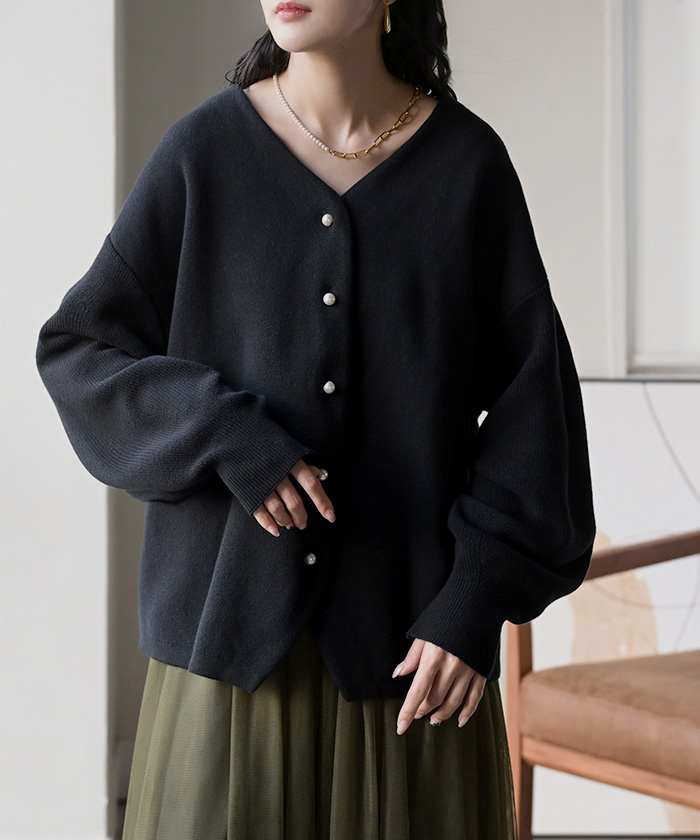 カーディガン ニット ジャスト丈 パール ボタン レディース カーデ トップス セーター オーバー プルオーバー ニットカーディガン 綿100 長袖 ロング | HUG.U | 03