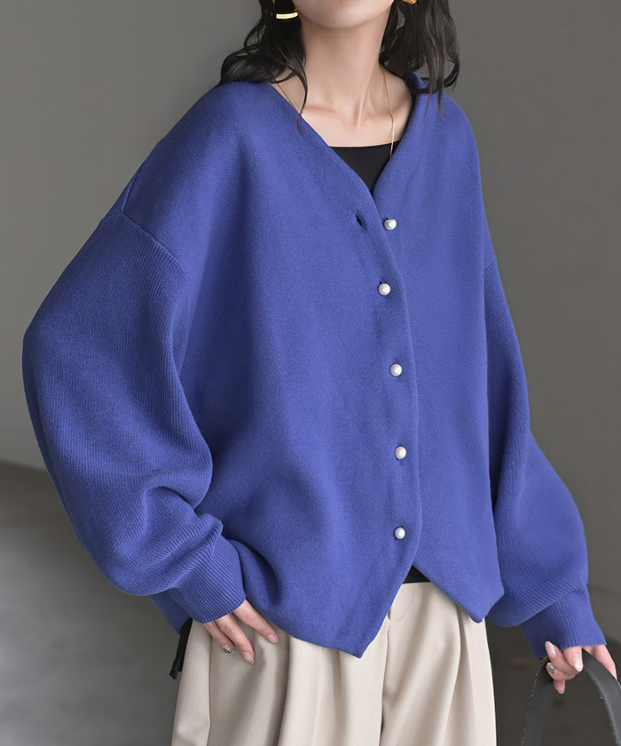 カーディガン ニット ジャスト丈 パール ボタン レディース カーデ トップス セーター オーバー プルオーバー ニットカーディガン 綿100 長袖 ロング | HUG.U | 01