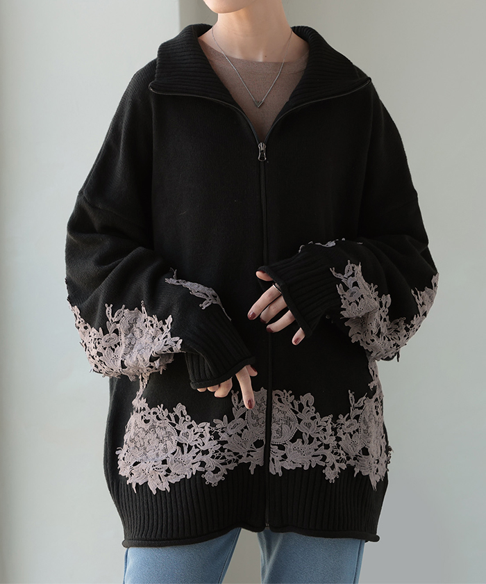 ニット カーディガン 刺繍 レース ロング レディース カーデ トップス セーター オーバー プルオーバー ニットカーディガン 長袖 タートルネック ハイネック | HUG.U | 02