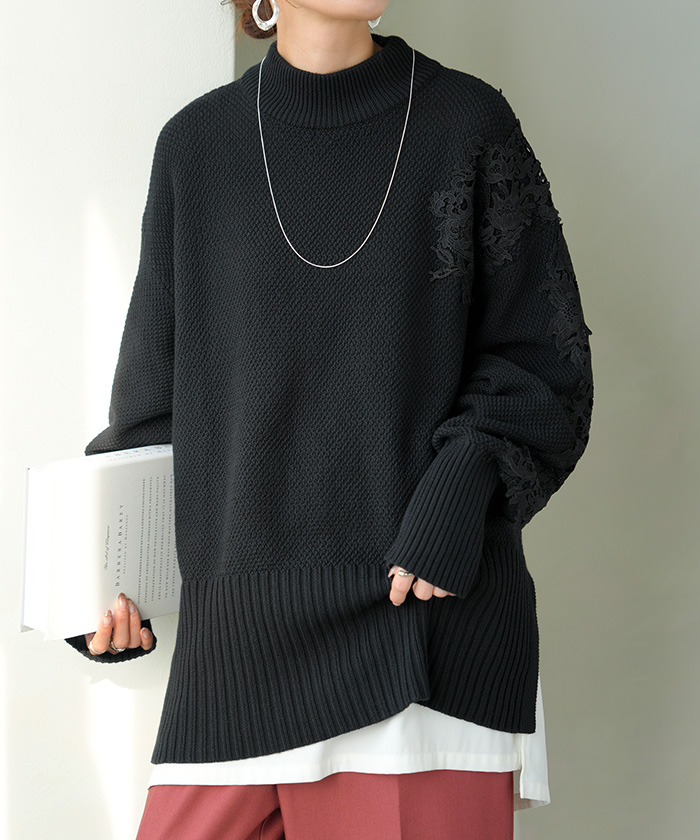 ニット レース 鹿の子 綿100 レディース トップス ロング セーター オーバー プルオーバー 長袖 長い チクチクしない ハイネック チュニック | HUG.U | 03