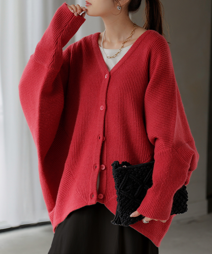 カーディガン ニット ドルマン ロング レディース カーデ トップス オーバー ニットカーディガン チクチクしない 長袖 長い ボリュームスリーブ | HUG.U | 01