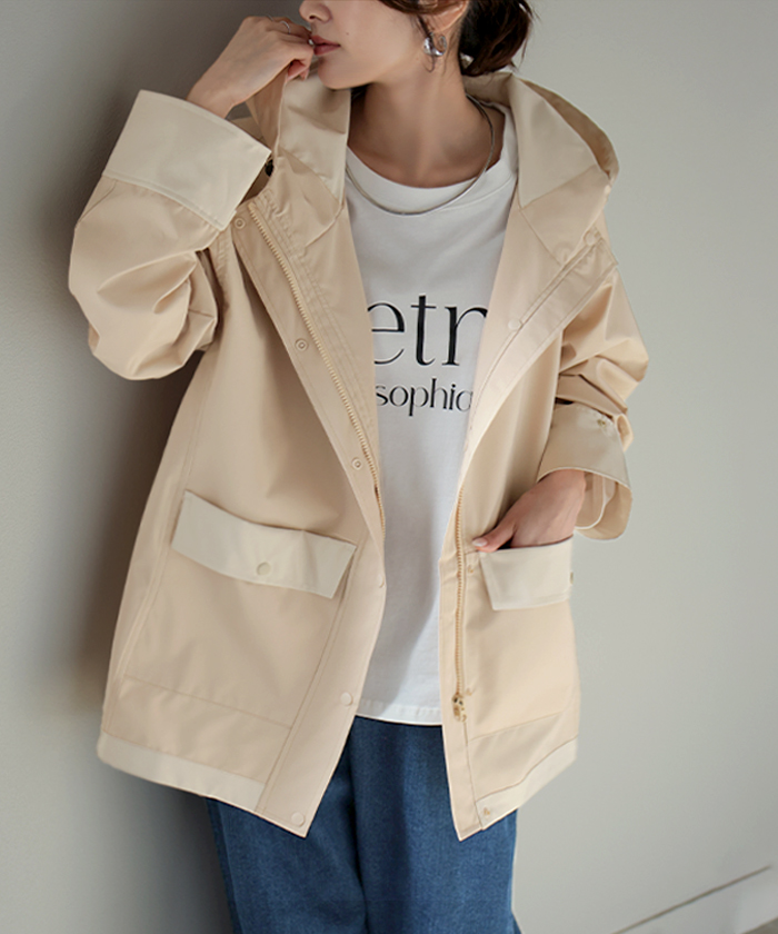 マウンテンパーカー 配色 ライトアウター レディース アウター 微 撥水 バイカラー フード ブルゾン ジャケット ジャンパー 羽織り 薄手 フーディー 体型カバー | HUG.U | 01