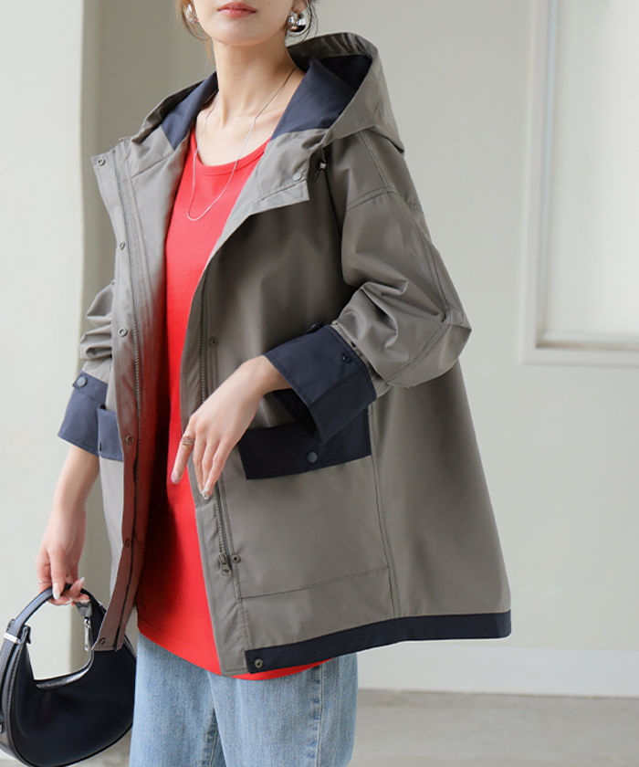 マウンテンパーカー 配色 ライトアウター レディース アウター 微 撥水 バイカラー フード ブルゾン ジャケット ジャンパー 羽織り 薄手 フーディー 体型カバー | HUG.U | 03