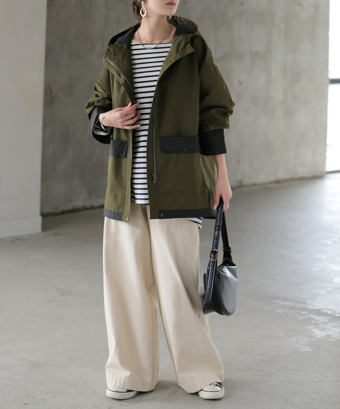 マウンテンパーカー 配色 ライトアウター レディース アウター 微 撥水 バイカラー フード ブルゾン ジャケット ジャンパー 羽織り 薄手 フーディー 体型カバー | HUG.U | 02