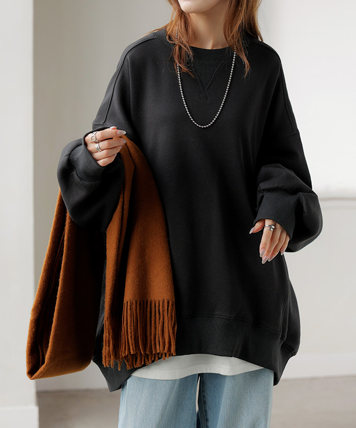 スウェット 特暖 裏シャギー レディース トップス ロング トレーナー プルオーバー 裏起毛 無地 長袖 長い クルーネック ボリュームスリーブ | HUG.U | 05