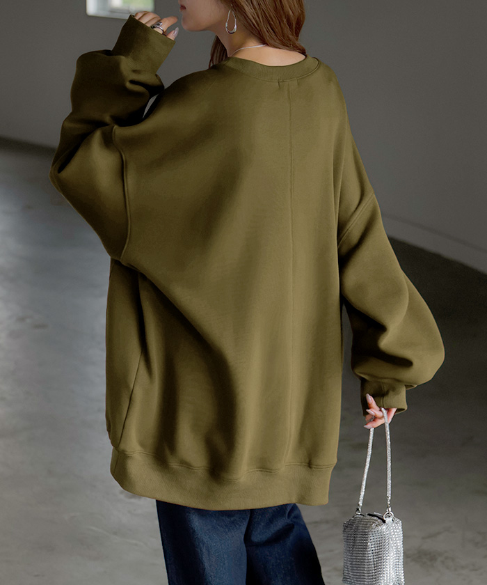 スウェット 特暖 裏シャギー レディース トップス ロング トレーナー プルオーバー 裏起毛 無地 長袖 長い クルーネック ボリュームスリーブ | HUG.U | 03