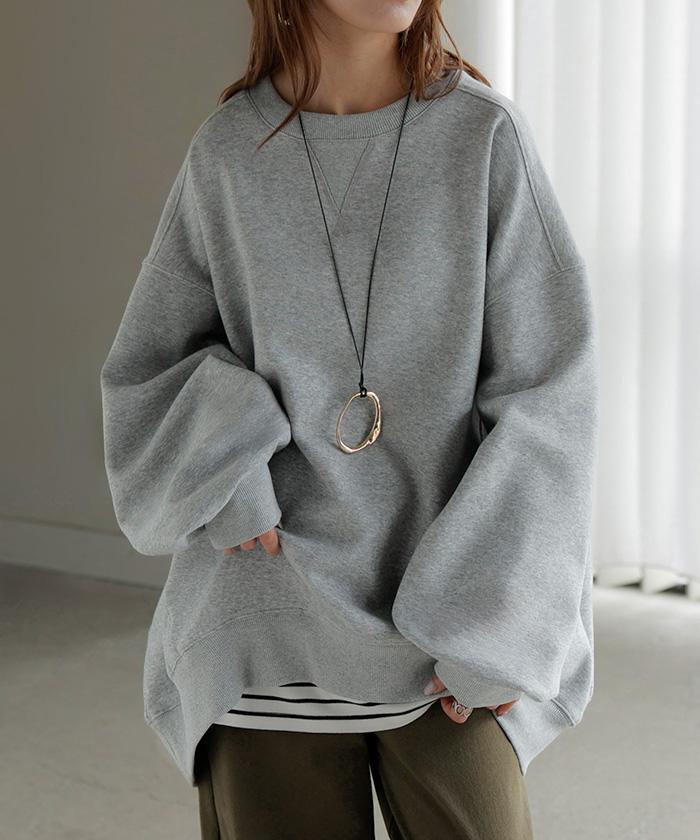 スウェット 特暖 裏シャギー レディース トップス ロング トレーナー プルオーバー 裏起毛 無地 長袖 長い クルーネック ボリュームスリーブ | HUG.U | 02