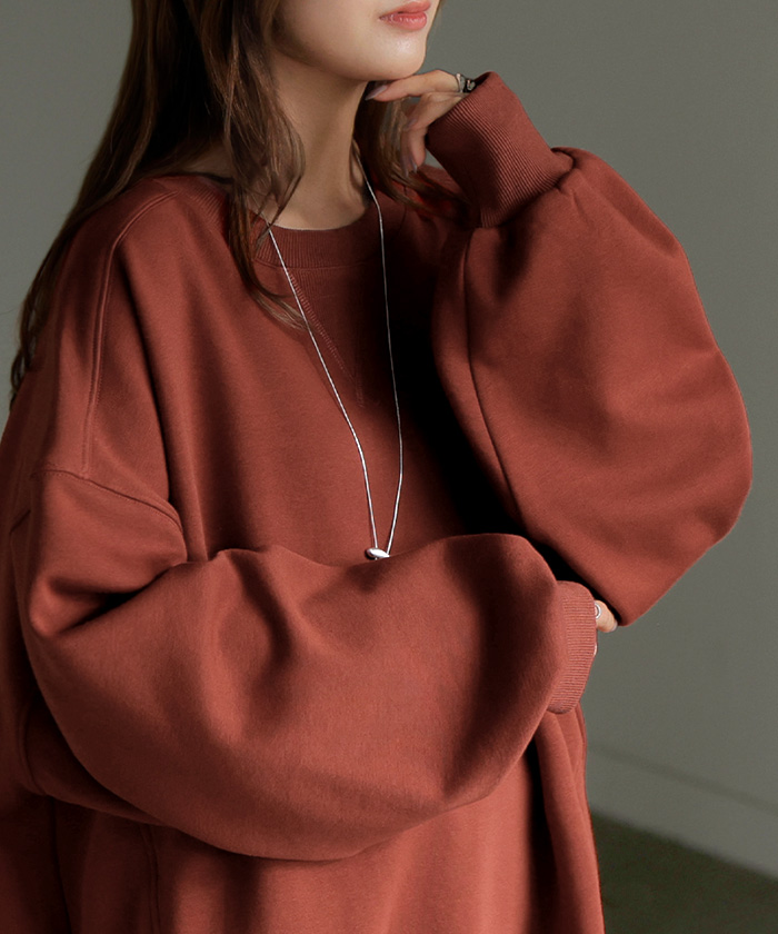 スウェット 特暖 裏シャギー レディース トップス ロング トレーナー プルオーバー 裏起毛 無地 長袖 長い クルーネック ボリュームスリーブ | HUG.U | 01