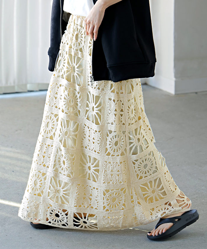 スカート ロング 透かし編み レディース ロングスカート Aライン クロシェ編み 綿100 ボトムス ボトム フレア フレアスカート マキシスカート ウエストゴム | HUG.U | 01