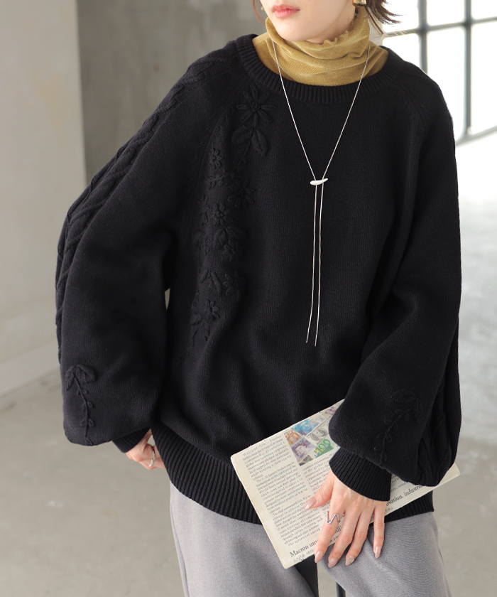 ニット 刺繍 綿100 ハンドメイド ロング レディース トップス セーター オーバー プルオーバー 花柄 チクチクしない ケーブル 長袖 長い ボリュームスリーブ | HUG.U | 03