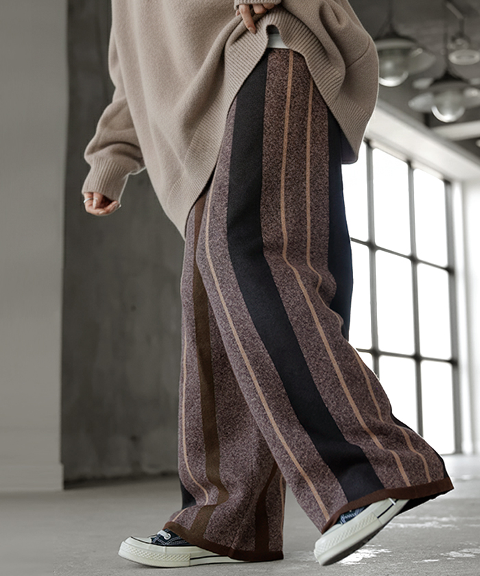 パンツ ストライプ ニット ワイド レディース ニットパンツ ダブルジャガード ワイドパンツ ロング ロングパンツ 長い 体型カバー 総柄 ボトムス | HUG.U | 02
