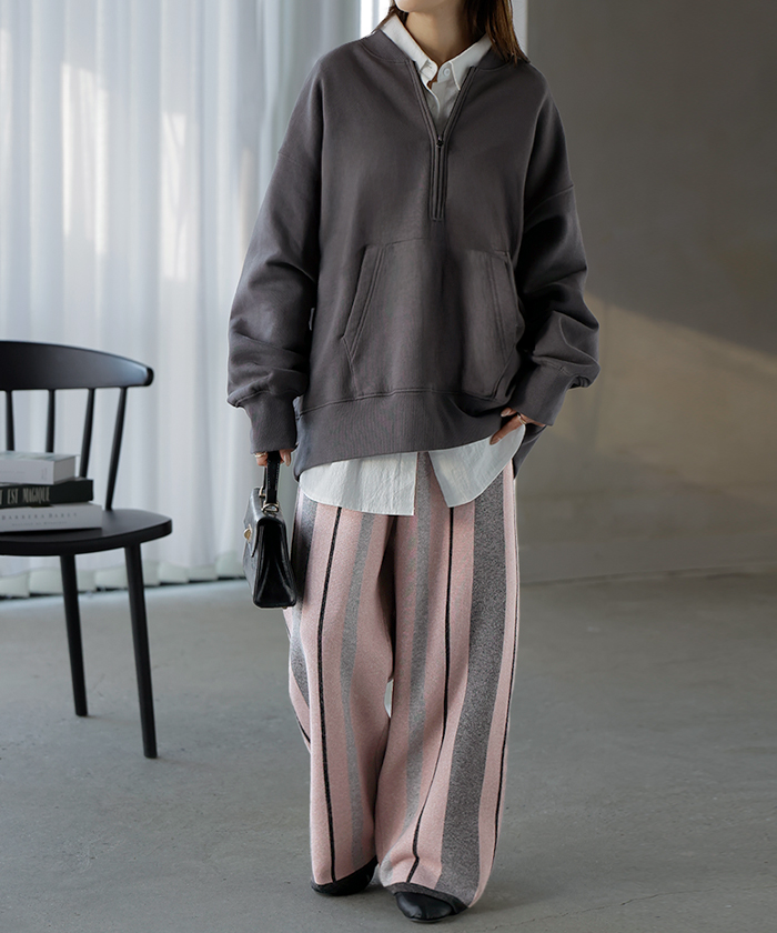 パンツ ストライプ ニット ワイド レディース ニットパンツ ダブルジャガード ワイドパンツ ロング ロングパンツ 長い 体型カバー 総柄 ボトムス | HUG.U | 01