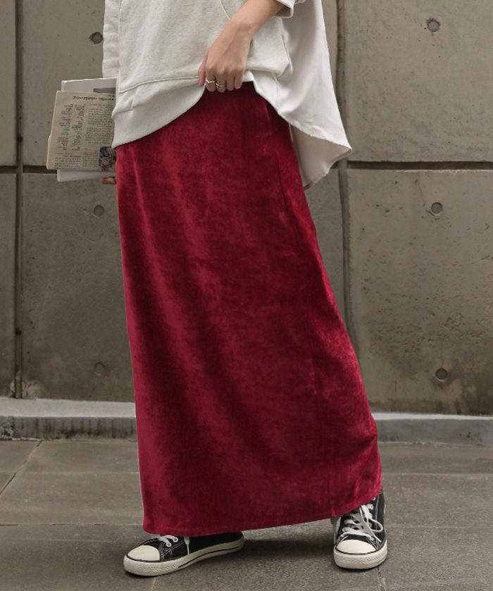スカート シェニール ロング タイトスカート タイト Iライン レディース ロングスカート ストレッチ ベロア 風 ボトムス フレア フレアスカート チクチクしない | HUG.U | 01