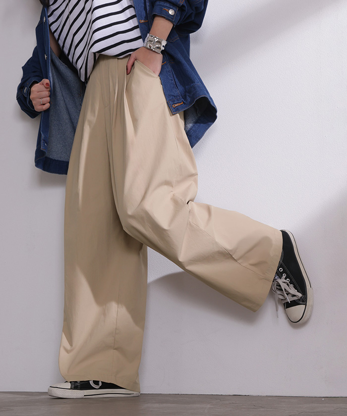 パンツ ワイド タックパンツ バレルパンツ レディース タック ワイドパンツ 綿100 ロング ロングパンツ ツータック 体型カバー ボトムス バレル カーブパンツ | HUG.U | 01