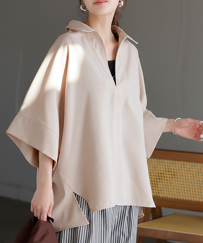 シャツ 約30分で乾く 洗える スキッパーシャツ レディース トップス 半袖 Vネック リネン風 リネンタッチ マシンウォッシャブル UVカット | HUG.U | 01