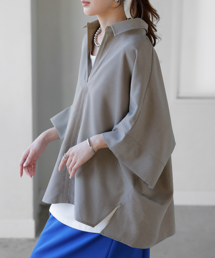 シャツ 約30分で乾く 洗える スキッパーシャツ レディース トップス 半袖 Vネック リネン風 リネンタッチ マシンウォッシャブル UVカット | HUG.U | 03