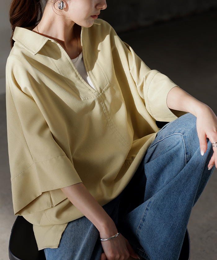 シャツ 約30分で乾く 洗える スキッパーシャツ レディース トップス 半袖 Vネック リネン風 リネンタッチ マシンウォッシャブル UVカット | HUG.U | 02