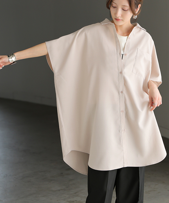 シャツ 半袖 イージーケア 30分で乾く チュニック リネン ライク レディース トップス ドルマンシャツ ブラウス ポンチョ 風 羽織り シワになりにくい UVカット | HUG.U | 02