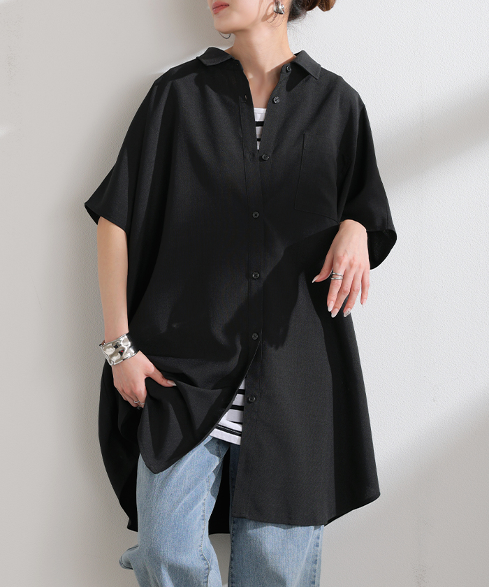 シャツ 半袖 イージーケア 30分で乾く チュニック リネン ライク レディース トップス ドルマンシャツ ブラウス ポンチョ 風 羽織り シワになりにくい UVカット | HUG.U | 04