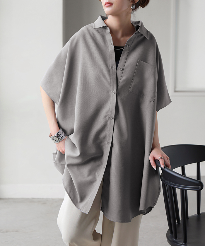 シャツ 半袖 イージーケア 30分で乾く チュニック リネン ライク レディース トップス ドルマンシャツ ブラウス ポンチョ 風 羽織り シワになりにくい UVカット | HUG.U | 03