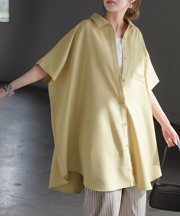 シャツ 半袖 イージーケア 30分で乾く チュニック リネン ライク レディース トップス ドルマンシャツ ブラウス ポンチョ 風 羽織り シワになりにくい UVカット | HUG.U | 01