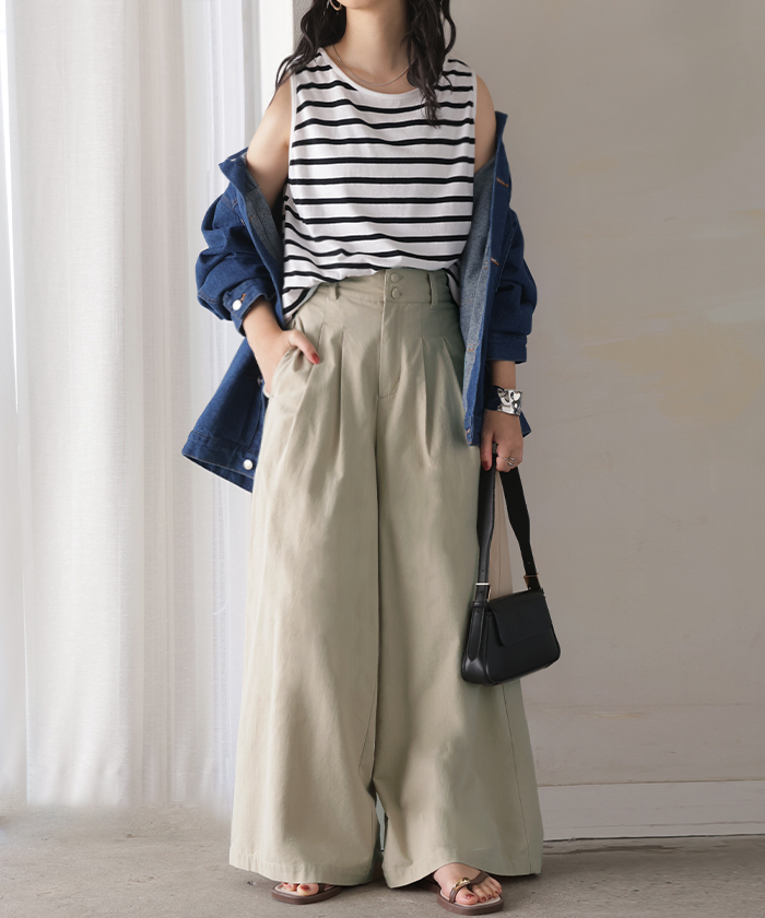 パンツ ワイドパンツ 綿麻 レディース ボトムス タックパンツ コットン リネン 綿 麻 ワイド ガウチョパンツ ストレート ロングパンツ ハイウエスト 体型カバー | HUG.U | 01