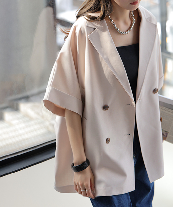 ジャケット 半袖 洗える テーラードジャケット レディース アウター マシンウォッシャブル リネン風 リネンタッチ 涼しい UVカット 遮蔽率95.6% 吸水速乾 | HUG.U | 01