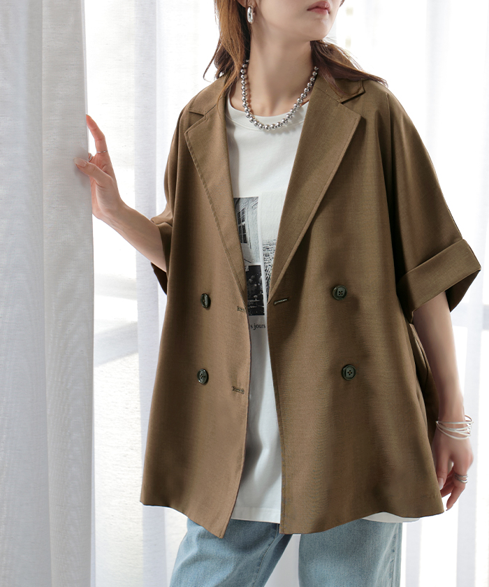 ジャケット 半袖 洗える テーラードジャケット レディース アウター マシンウォッシャブル リネン風 リネンタッチ 涼しい UVカット 遮蔽率95.6% 吸水速乾 | HUG.U | 02