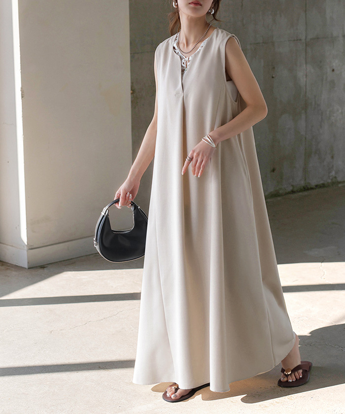 ワンピース 約30分で乾く 洗える ロング ロングワンピース レディース ワンピ ノースリーブ タンクトップ Vネック リネン風 リネンタッチ マシンウォッシャブル | HUG.U | 01