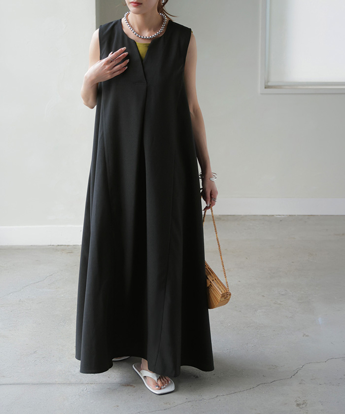 ワンピース 約30分で乾く 洗える ロング ロングワンピース レディース ワンピ ノースリーブ タンクトップ Vネック リネン風 リネンタッチ マシンウォッシャブル | HUG.U | 05