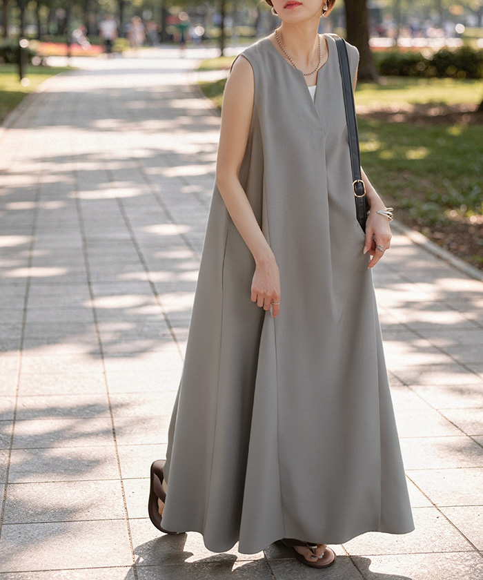 ワンピース 約30分で乾く 洗える ロング ロングワンピース レディース ワンピ ノースリーブ タンクトップ Vネック リネン風 リネンタッチ マシンウォッシャブル | HUG.U | 04