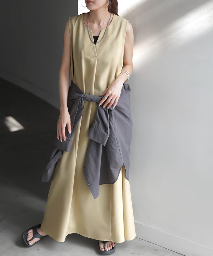 ワンピース 約30分で乾く 洗える ロング ロングワンピース レディース ワンピ ノースリーブ タンクトップ Vネック リネン風 リネンタッチ マシンウォッシャブル | HUG.U | 02