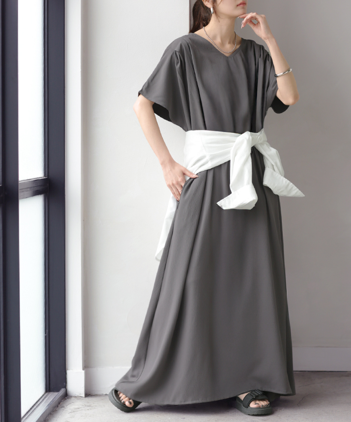 ワンピース ロング 涼感 ゆったり レディース ワンピ ロングワンピース マキシワンピース フレアワンピ Aライン Vネック フレンチス | HUG.U | 03