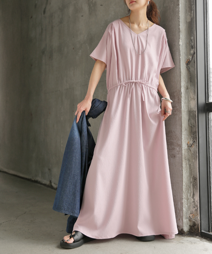 ワンピース ロング 涼感 ゆったり レディース ワンピ ロングワンピース マキシワンピース フレアワンピ Aライン Vネック フレンチス | HUG.U | 02