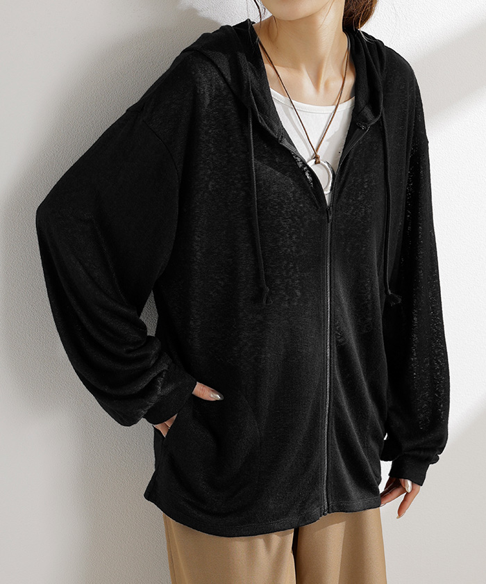 パーカー 薄手 カーディガン レディース ロング 長袖 UVカット フーディー ライトアウター 羽織 トップス シアー 透け サマーニット リブ ニット 紫外線対策 | HUG.U | 03