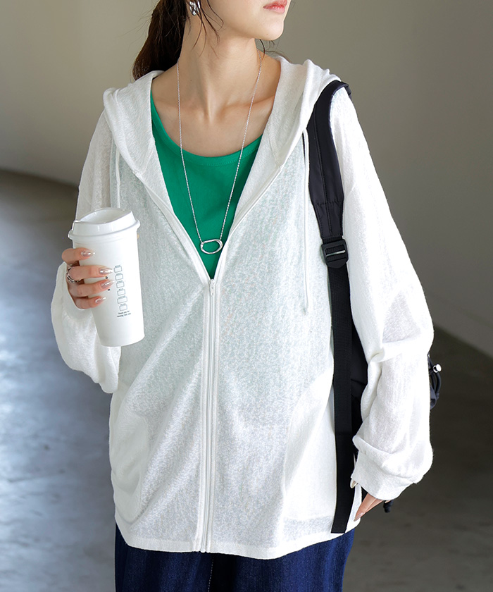 パーカー 薄手 カーディガン レディース ロング 長袖 UVカット フーディー ライトアウター 羽織 トップス シアー 透け サマーニット リブ ニット 紫外線対策 | HUG.U | 01