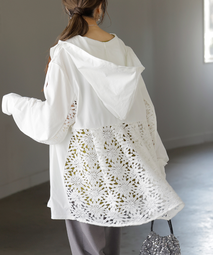 UVパーカー レース 遮へい率99.4% レディース 接触冷感 アウター 涼しい UVカット ひんやり 抗菌 吸水速乾 薄手 パーカー 指穴 フード ロング レイヤード | HUG.U | 01