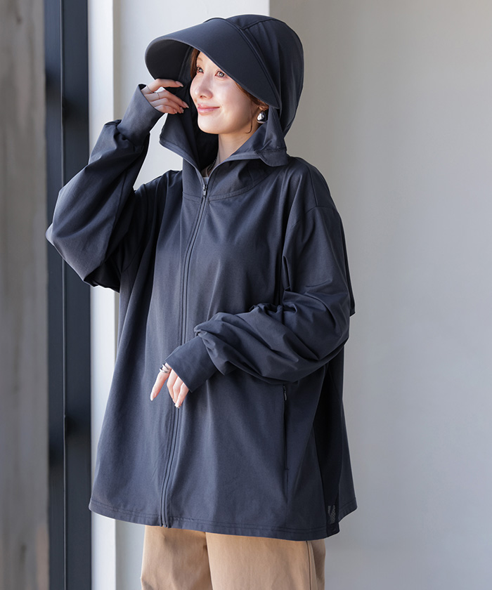 UVカットパーカー つば付き UVカット パーカー 涼しい チュニック アウター レディース ライトアウター トップス フード フーディー | HUG.U | 05