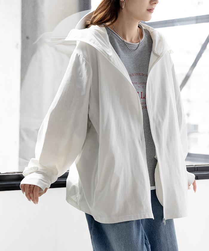 UVカットパーカー つば付き UVカット パーカー 涼しい チュニック アウター レディース ライトアウター トップス フード フーディー | HUG.U | 01