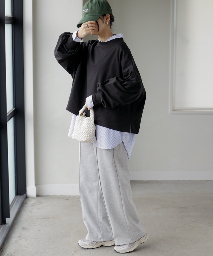 プルオーバー Tシャツ以上スウェット未満 ロンT スウェット レディース トップス 綿100% Tシャツ 長袖 トレーナー リブ ボリューム袖 カットソー 体型カバー | HUG.U | 07