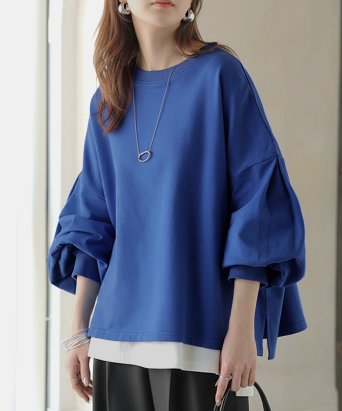 プルオーバー Tシャツ以上スウェット未満 ロンT スウェット レディース トップス 綿100% Tシャツ 長袖 トレーナー リブ ボリューム袖 カットソー 体型カバー | HUG.U | 02