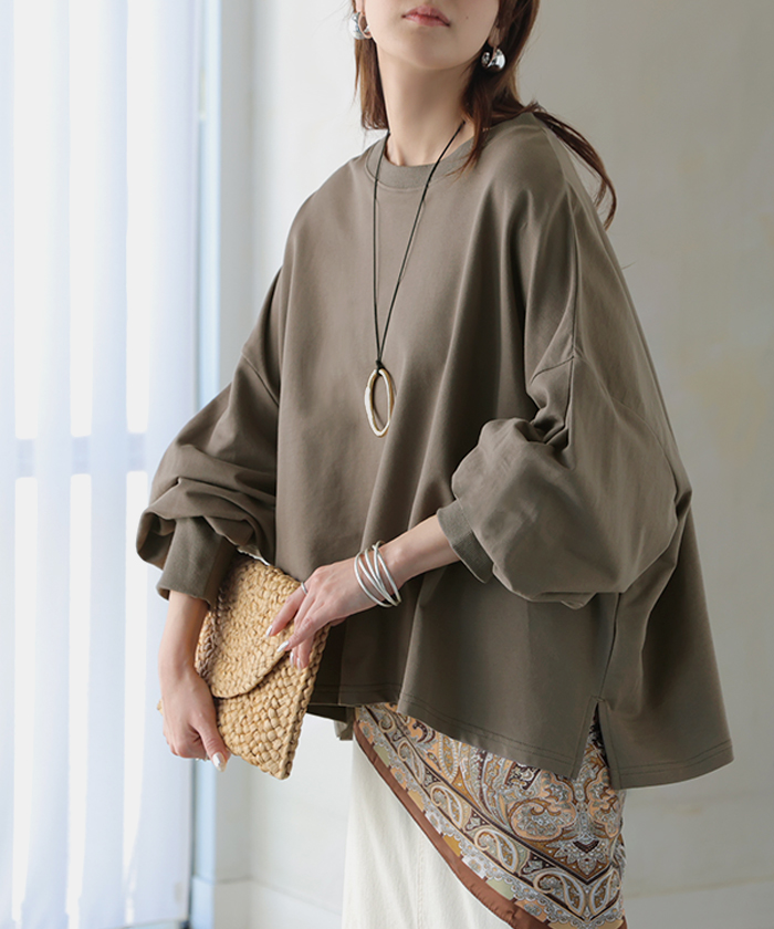 プルオーバー Tシャツ以上スウェット未満 ロンT スウェット レディース トップス 綿100% Tシャツ 長袖 トレーナー リブ ボリューム袖 カットソー 体型カバー | HUG.U | 03