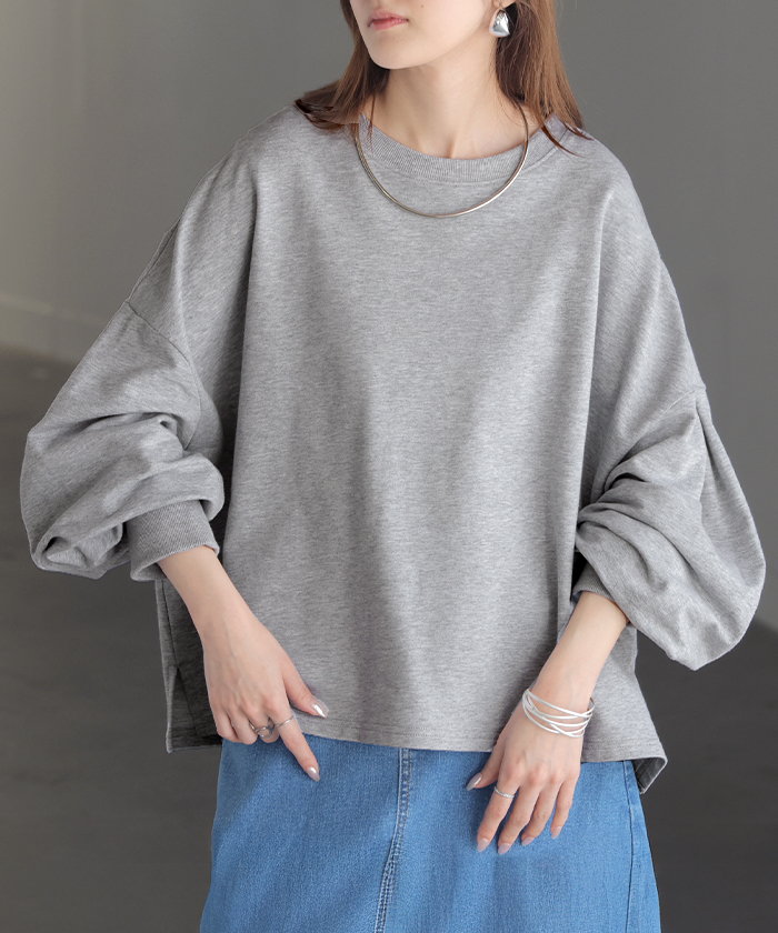 プルオーバー Tシャツ以上スウェット未満 ロンT スウェット レディース トップス 綿100% Tシャツ 長袖 トレーナー リブ ボリューム袖 カットソー 体型カバー | HUG.U | 05