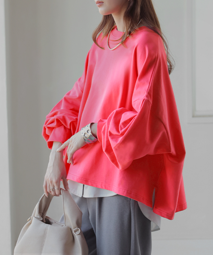 プルオーバー Tシャツ以上スウェット未満 ロンT スウェット レディース トップス 綿100% Tシャツ 長袖 トレーナー リブ ボリューム袖 カットソー 体型カバー | HUG.U | 06