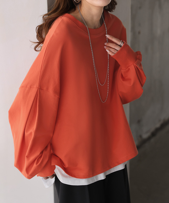 プルオーバー Tシャツ以上スウェット未満 ロンT スウェット レディース トップス 綿100% Tシャツ 長袖 トレーナー リブ ボリューム袖 カットソー 体型カバー | HUG.U | 08