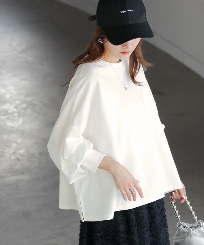 プルオーバー Tシャツ以上スウェット未満 ロンT スウェット レディース トップス 綿100% Tシャツ 長袖 トレーナー リブ ボリューム袖 カットソー 体型カバー | HUG.U | 01